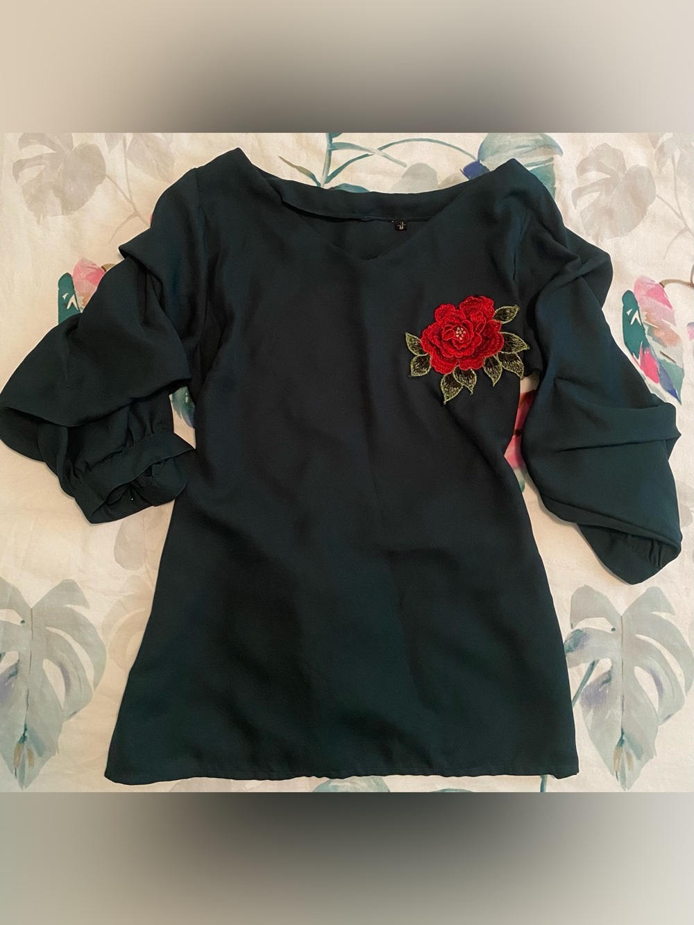Dark Green Women’s Blouse with Red Floral Applique